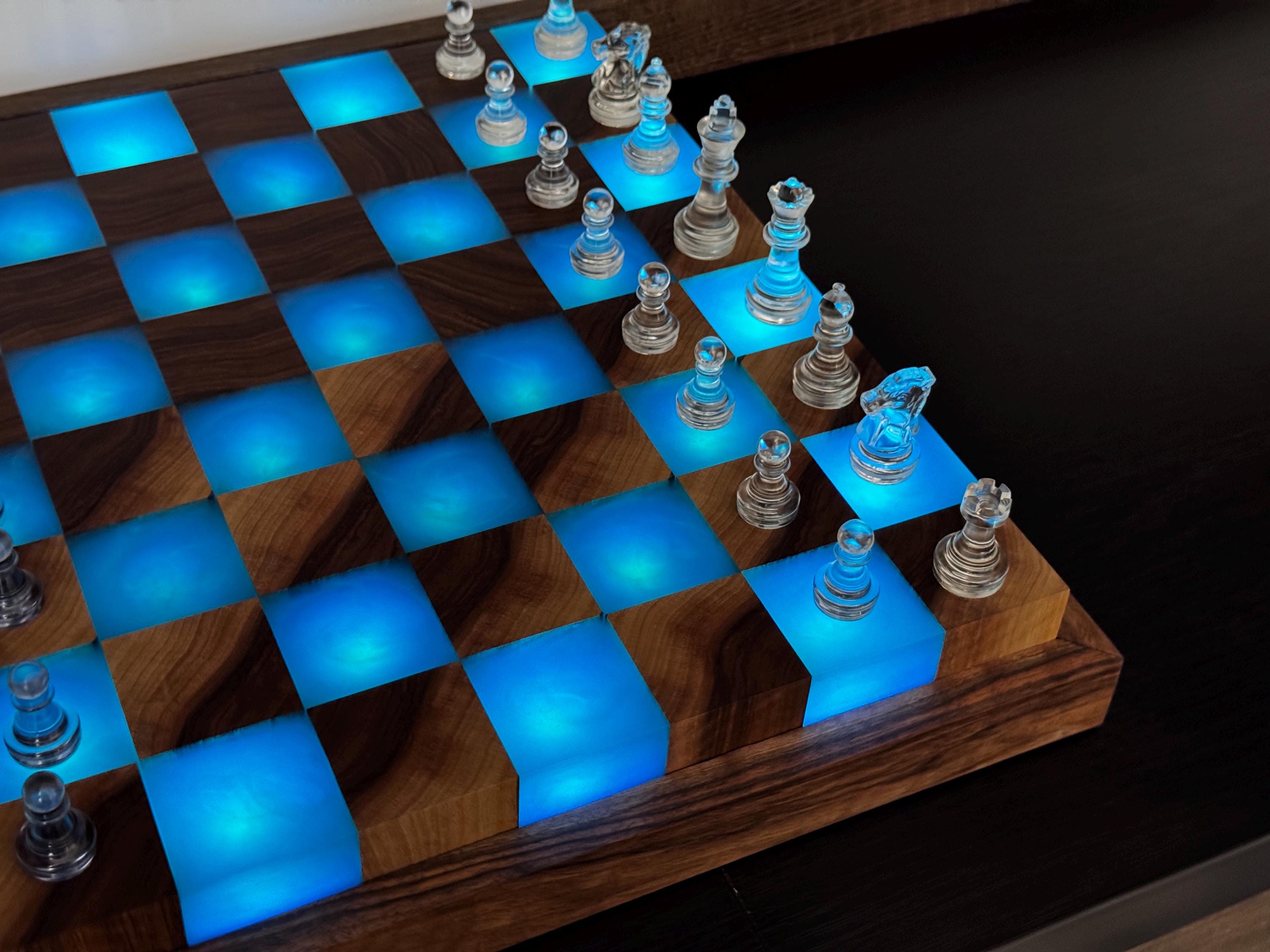 Handmade Large illuminated Chess set, epoxy resin chess,unique chess, custom chess board, resin chess board, chess gifts, chess board modern