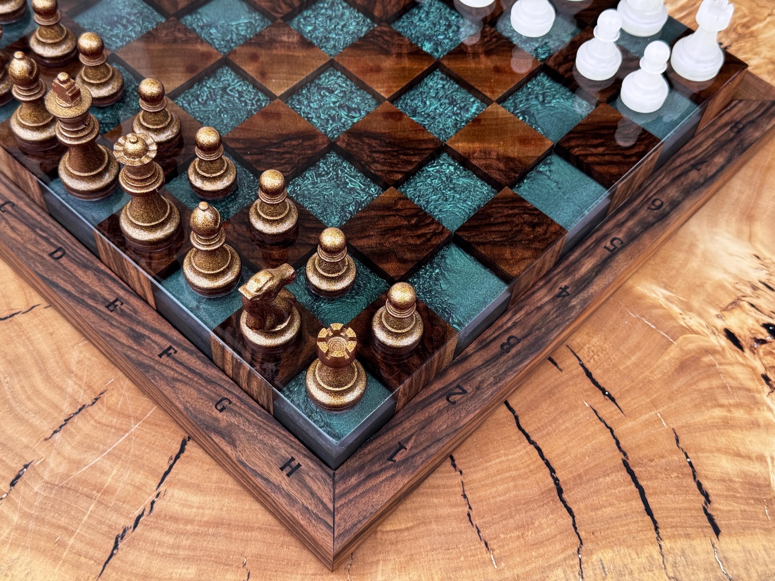 Handmade Walnut & Iridescent Resin Chess Set “Arctic Glow” , Luxury Wooden Chess Board with Pieces