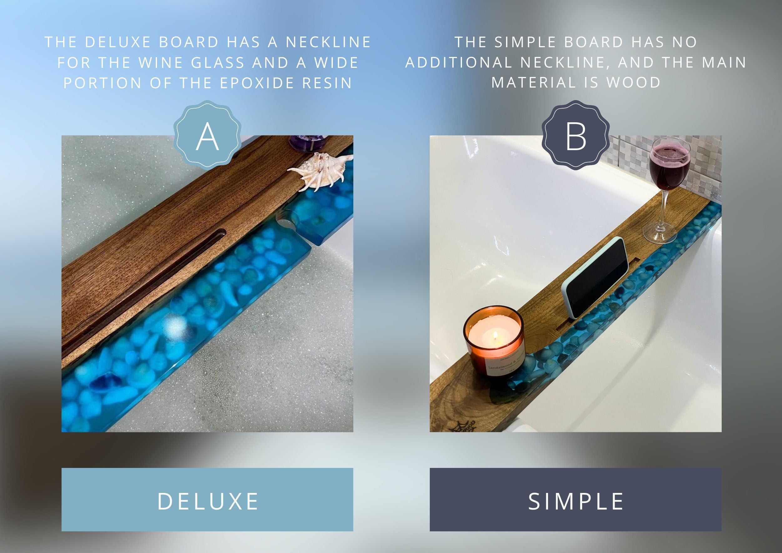 Epoxy resin custom bath board, bathtub tray with wine holder, wooden bath board, bathtub tray, bathtub wooden caddy with epoxy reisen