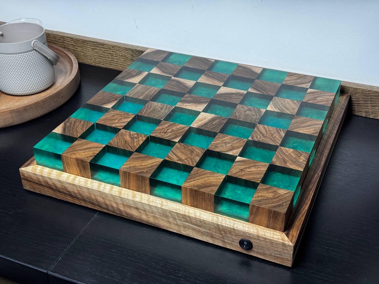 Custom LED Chess Set – Handmade Wood and Epoxy Resin Board – Illuminated Personalized Chess Gift – Unique Game Room Decor